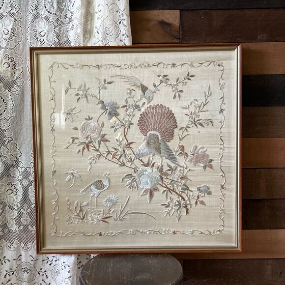 Antique Chinese Silk Bird Floral Flower Wood Frame  Embroidery - Picture 8 of 8